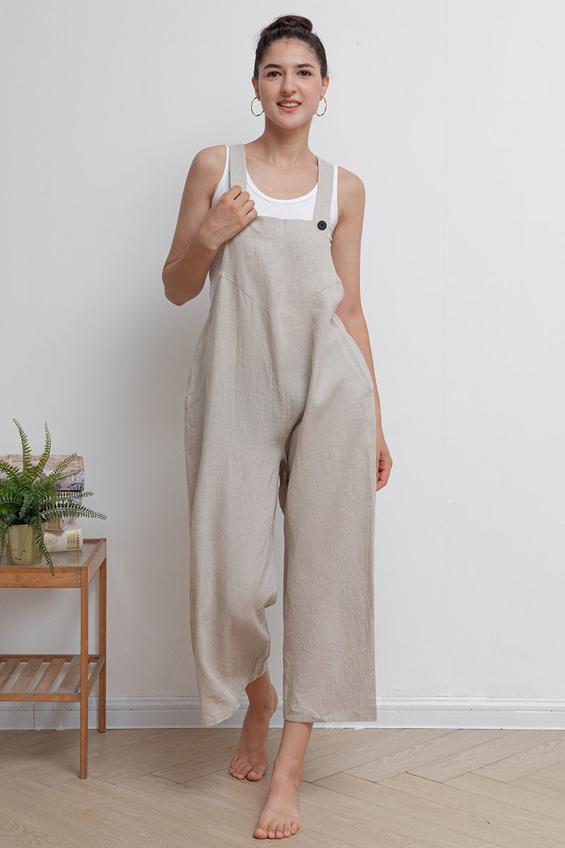 Women Casual Beige Linen Overalls C2944