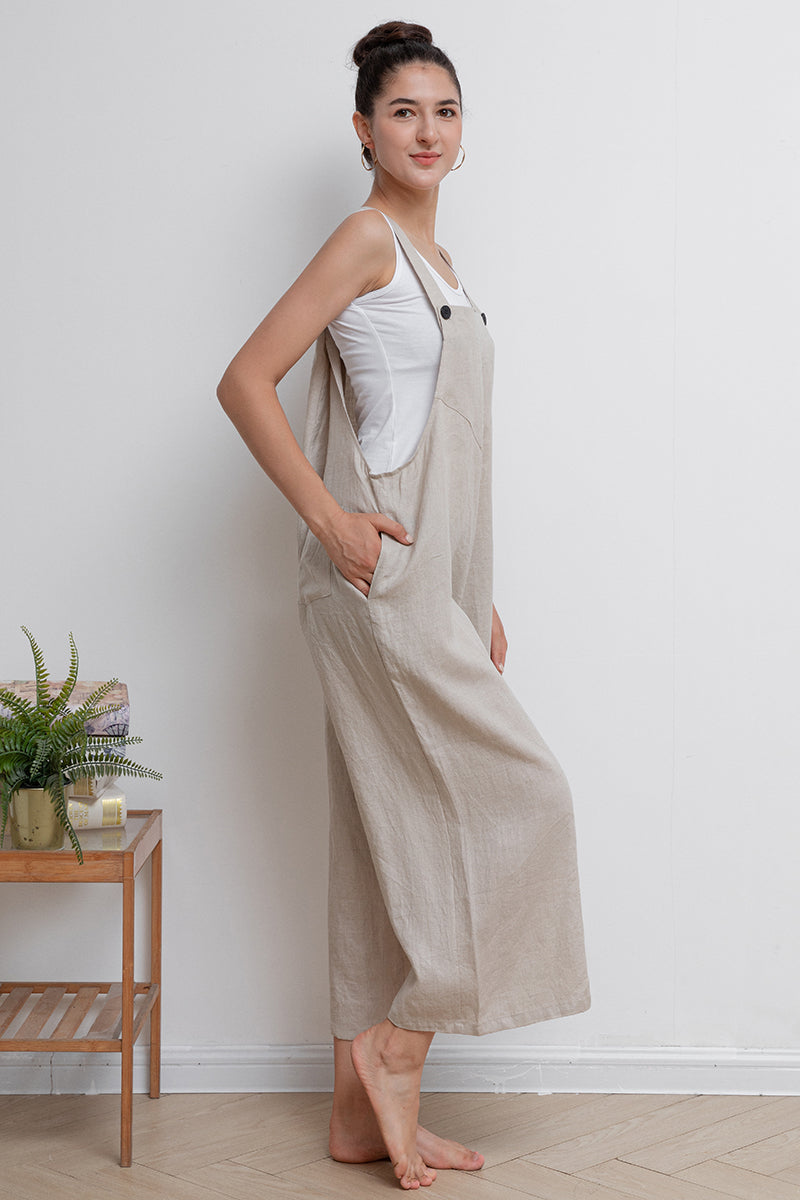Women Casual Beige Linen Overalls C2944