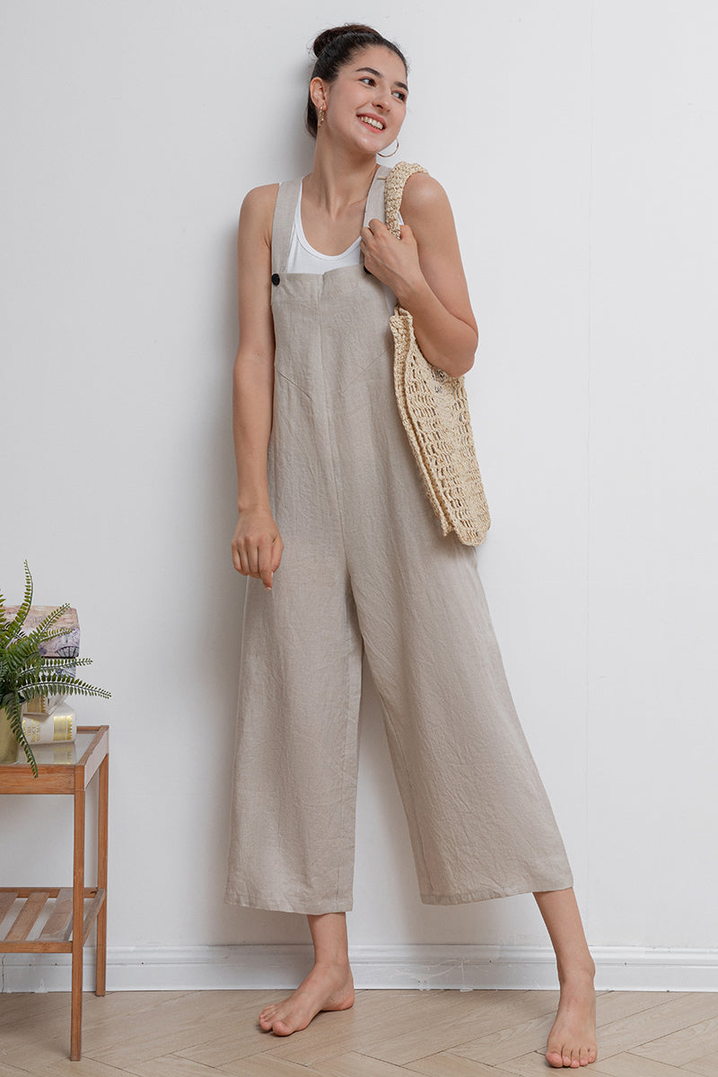 Women Casual Beige Linen Overalls C2944