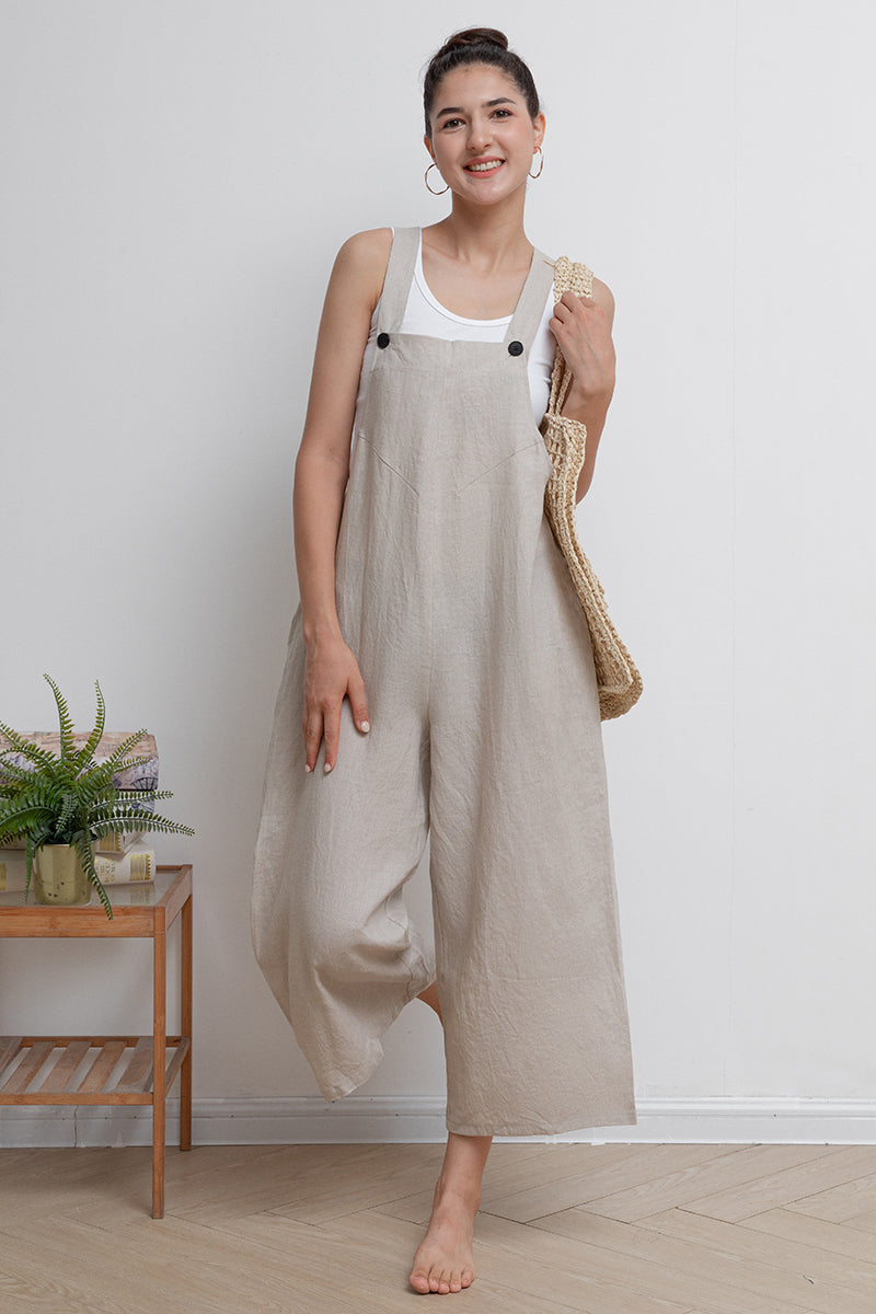 Women Casual Beige Linen Overalls C2944