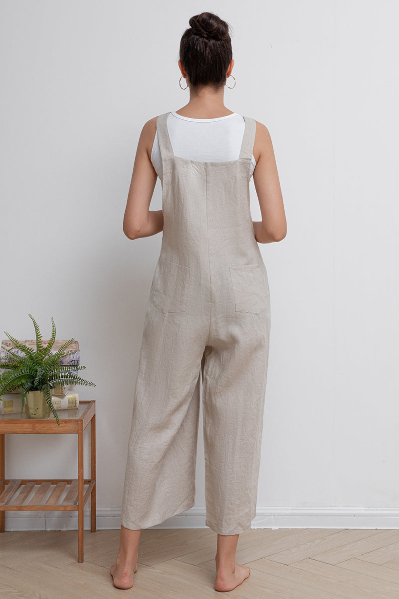 Women Casual Beige Linen Overalls C2944