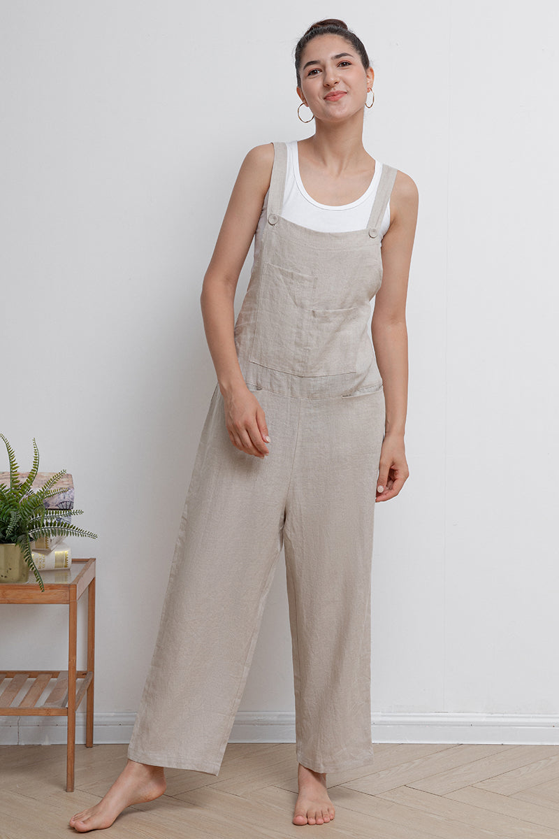 Beige Casual Loose Linen Overalls C2945
