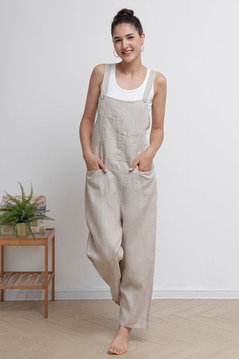 Beige Casual Loose Linen Overalls C2945