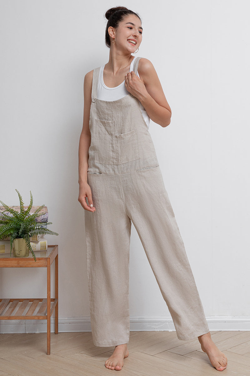 Beige Casual Loose Linen Overalls C2945