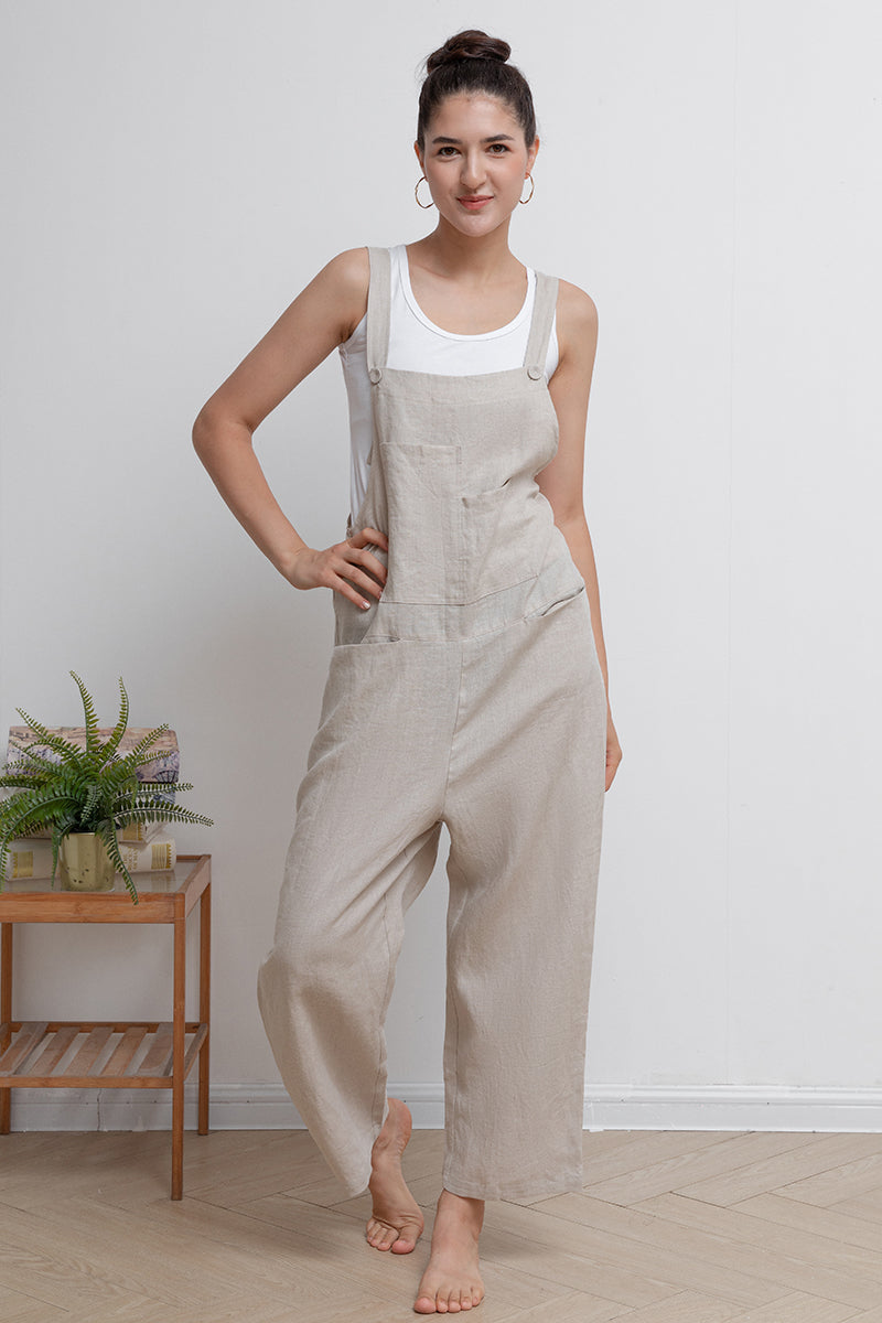 Beige Casual Loose Linen Overalls C2945