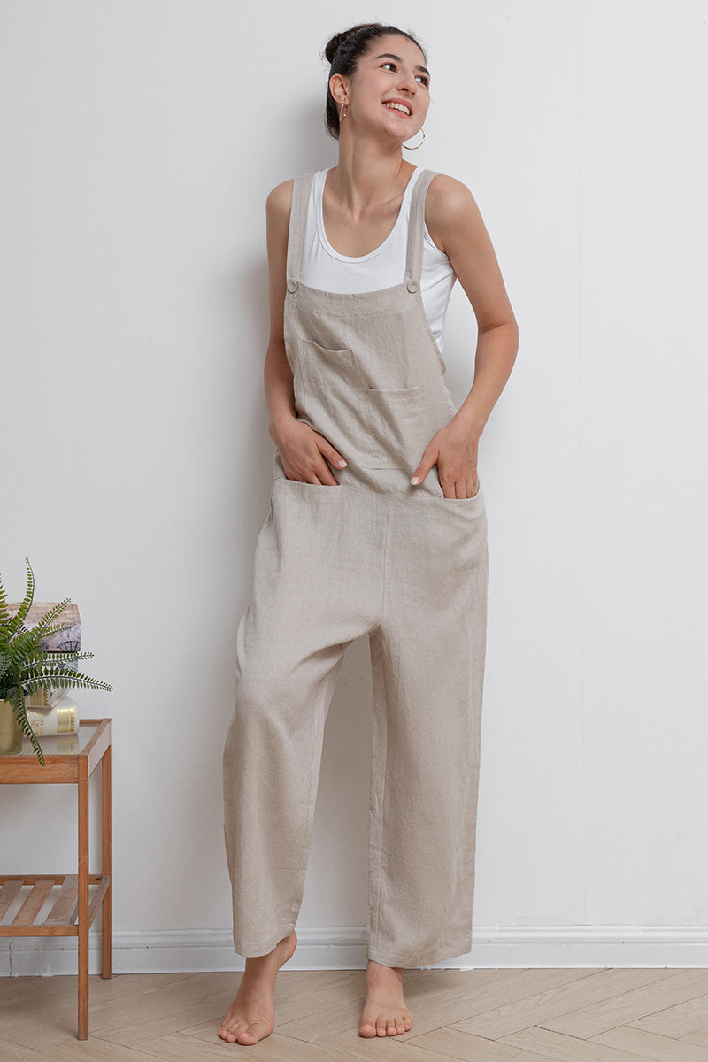 Beige Casual Loose Linen Overalls C2945