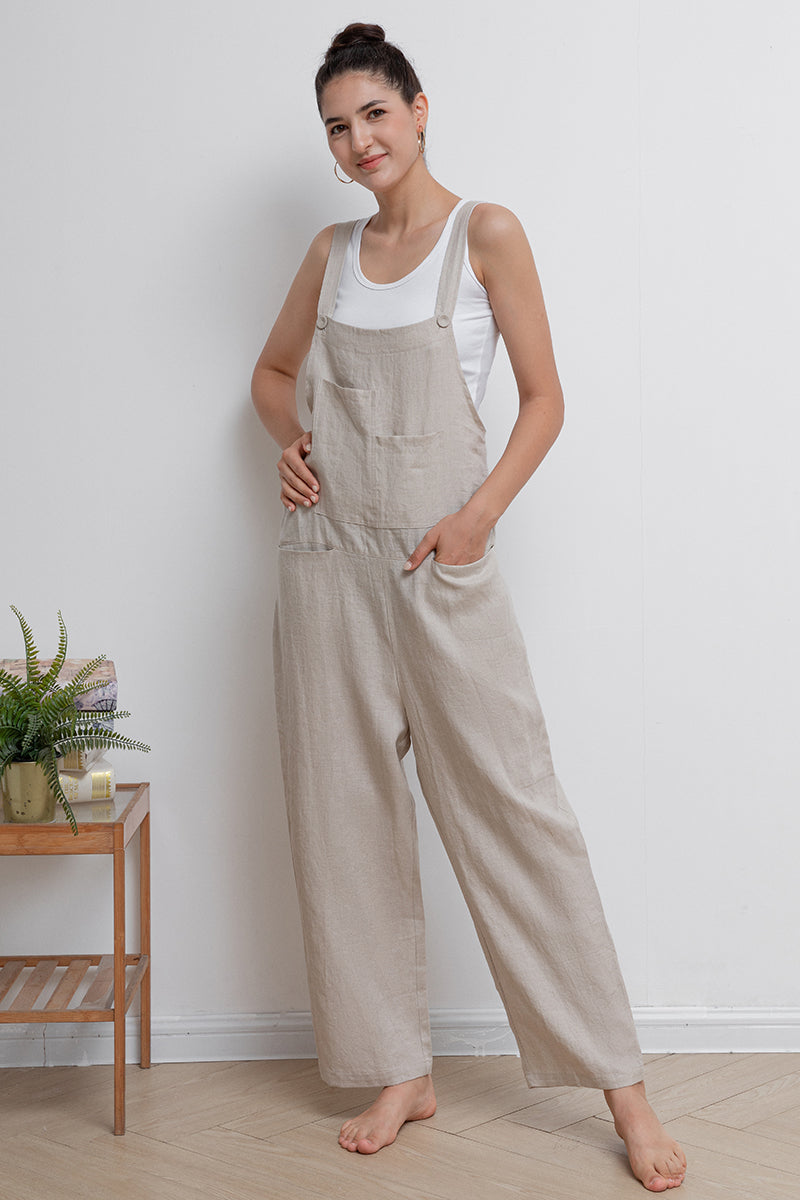 Beige Casual Loose Linen Overalls C2945