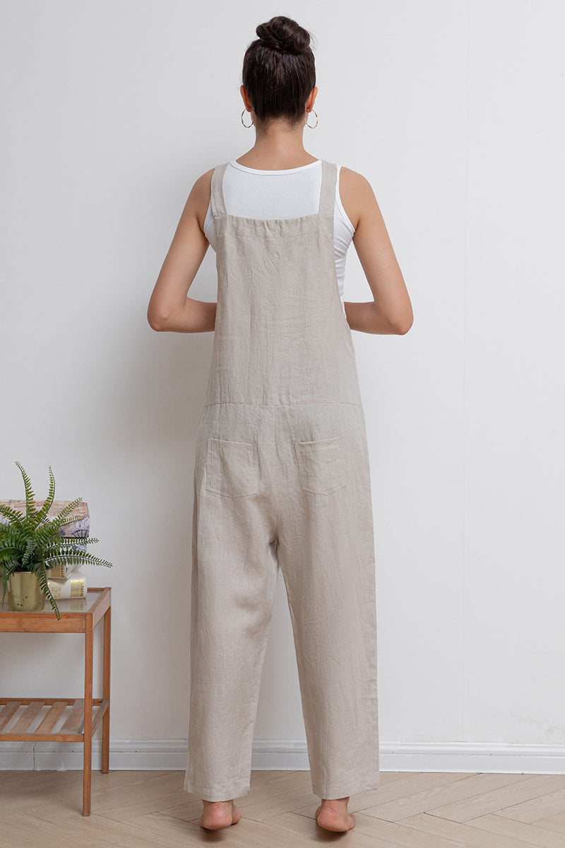 Beige Casual Loose Linen Overalls C2945