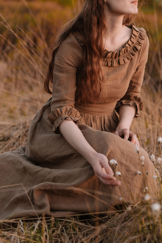 Brown Linen Maxi Dress - Ruffle Scoop Neckline and Belted Waist c1786