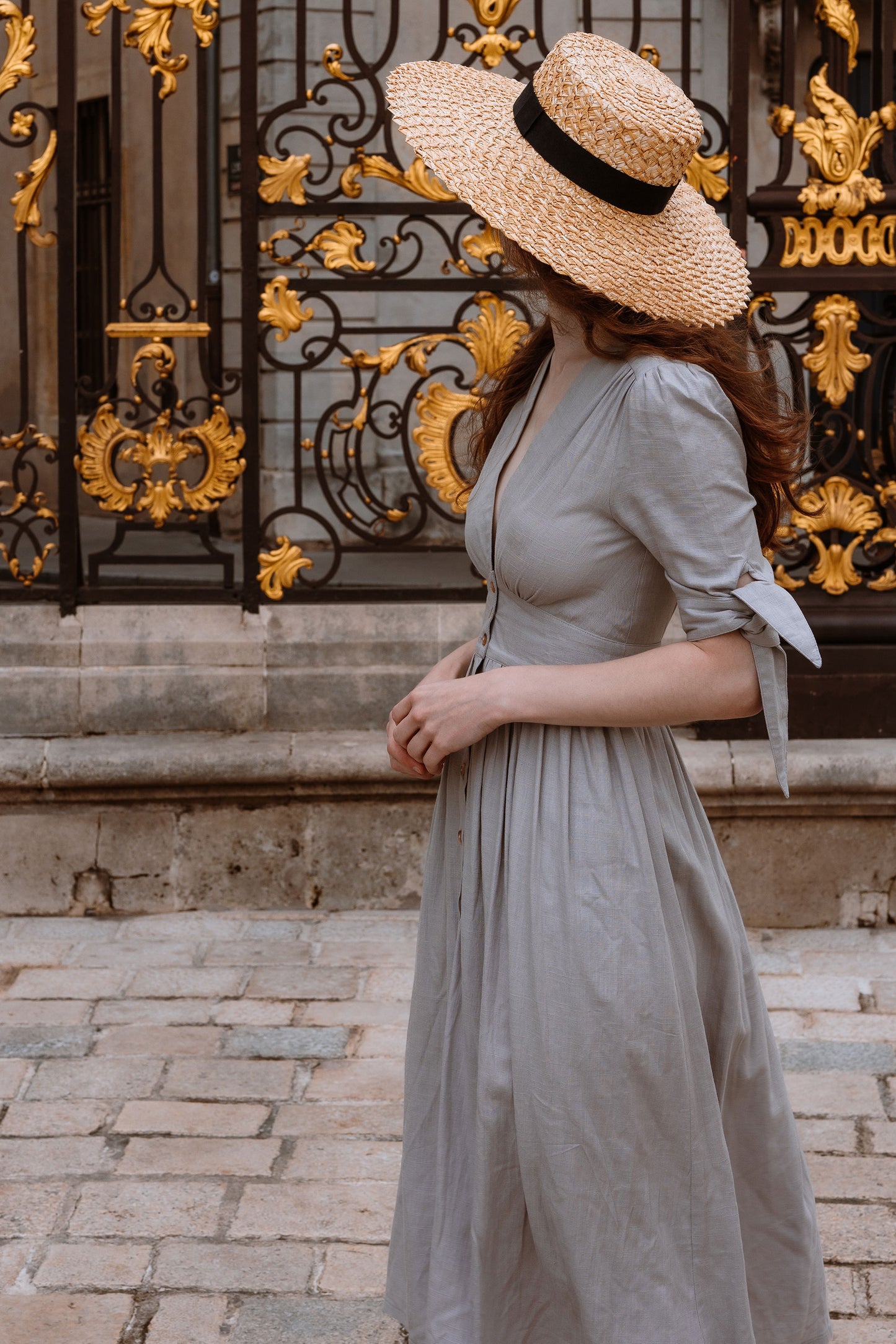 Deep V-neck Linen Dress c2914