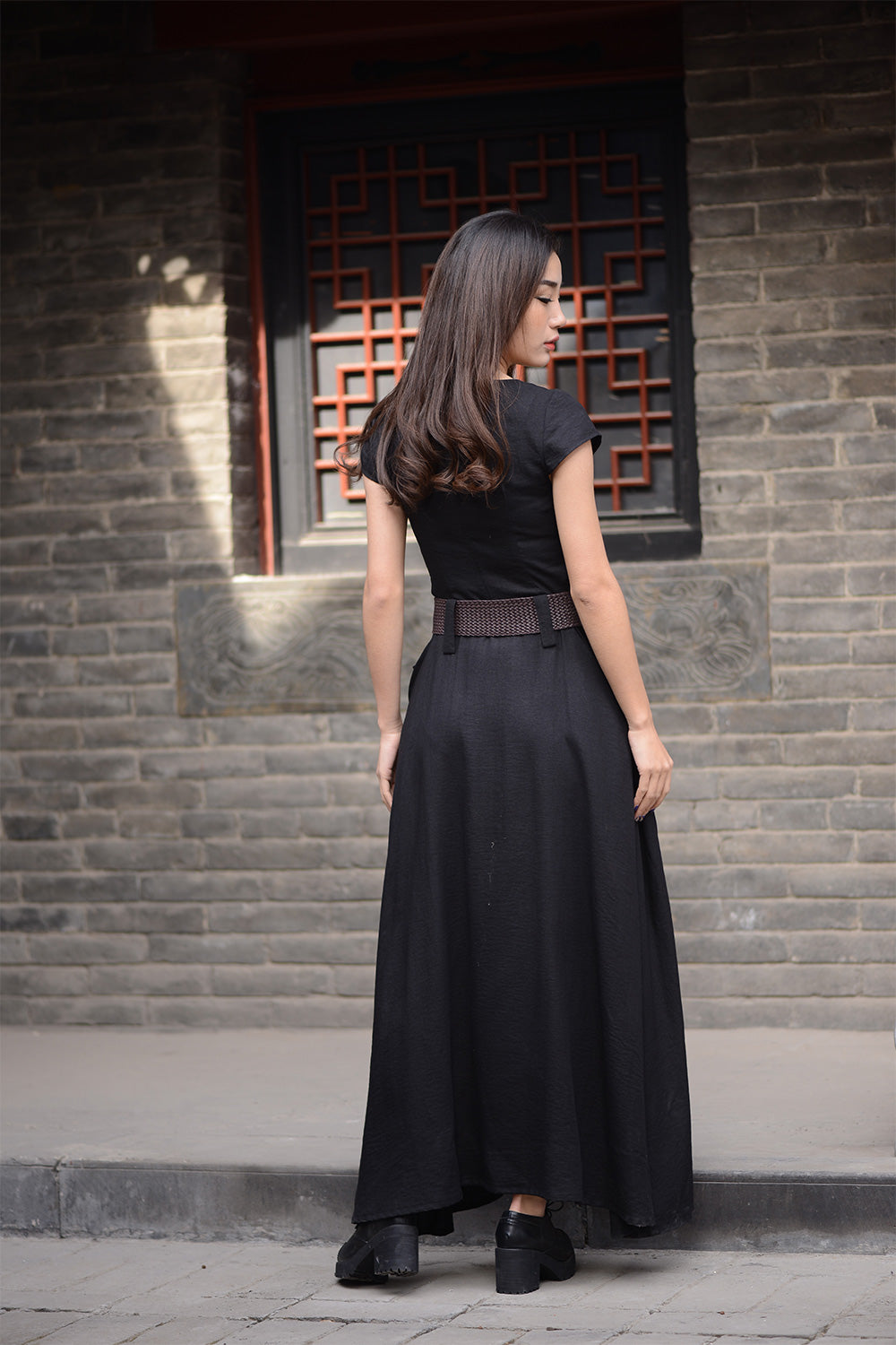 Black long linen dress in pure color for women with pockets C1568