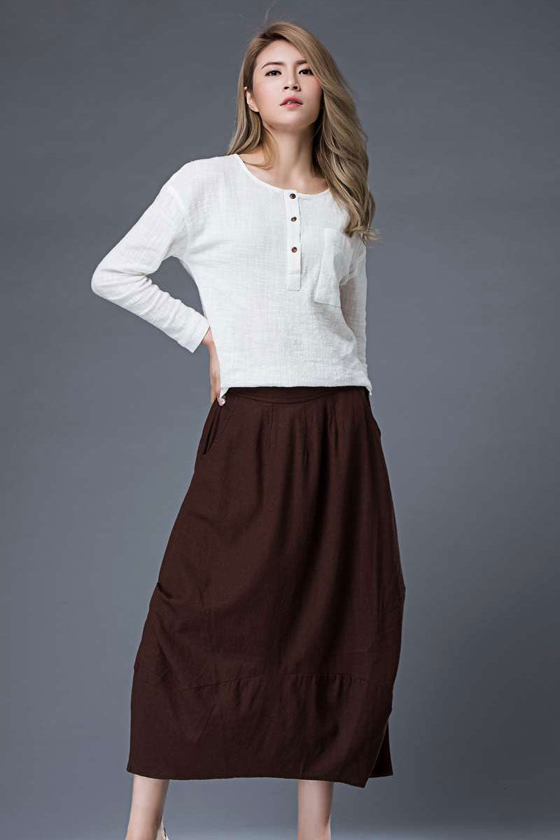 Brown Midi Linen skirt C86401 #YY02320