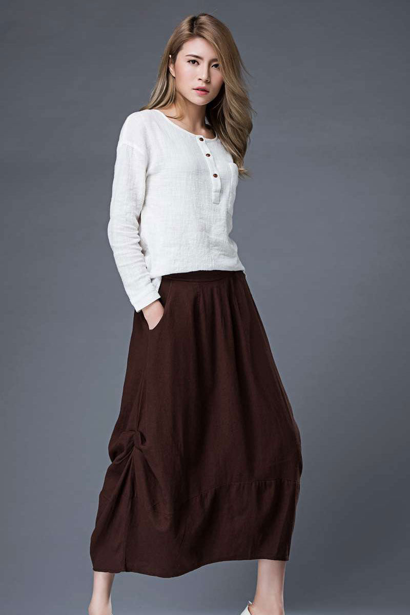 Brown Midi Linen skirt C86401 #YY02320