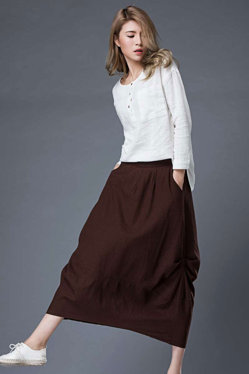 Brown Midi Linen skirt C86401 #YY02320
