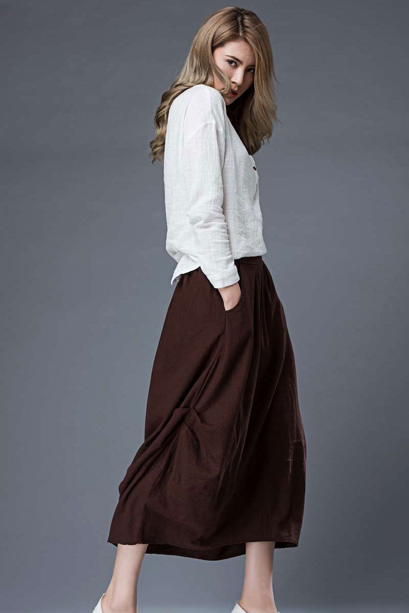 Brown Midi Linen skirt C86401 #YY02320