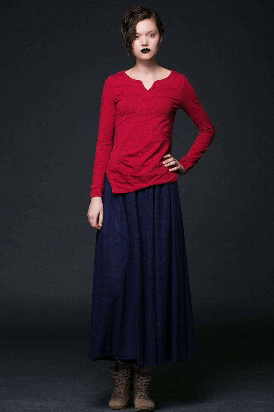 Dark blue summer linen skirt C508 #YY03962