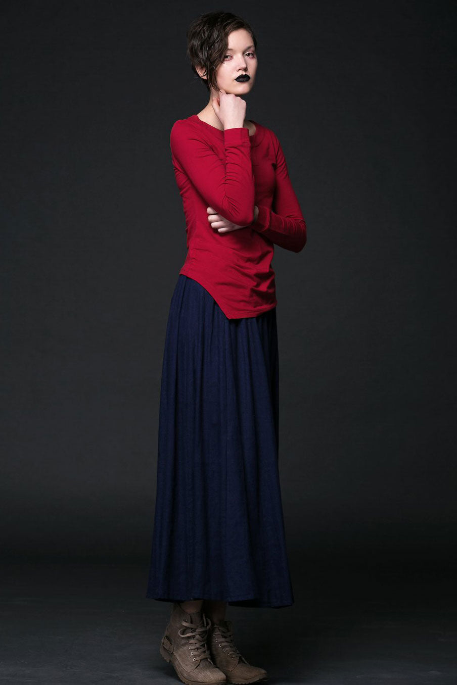 Dark blue summer linen skirt C508 #YY03962