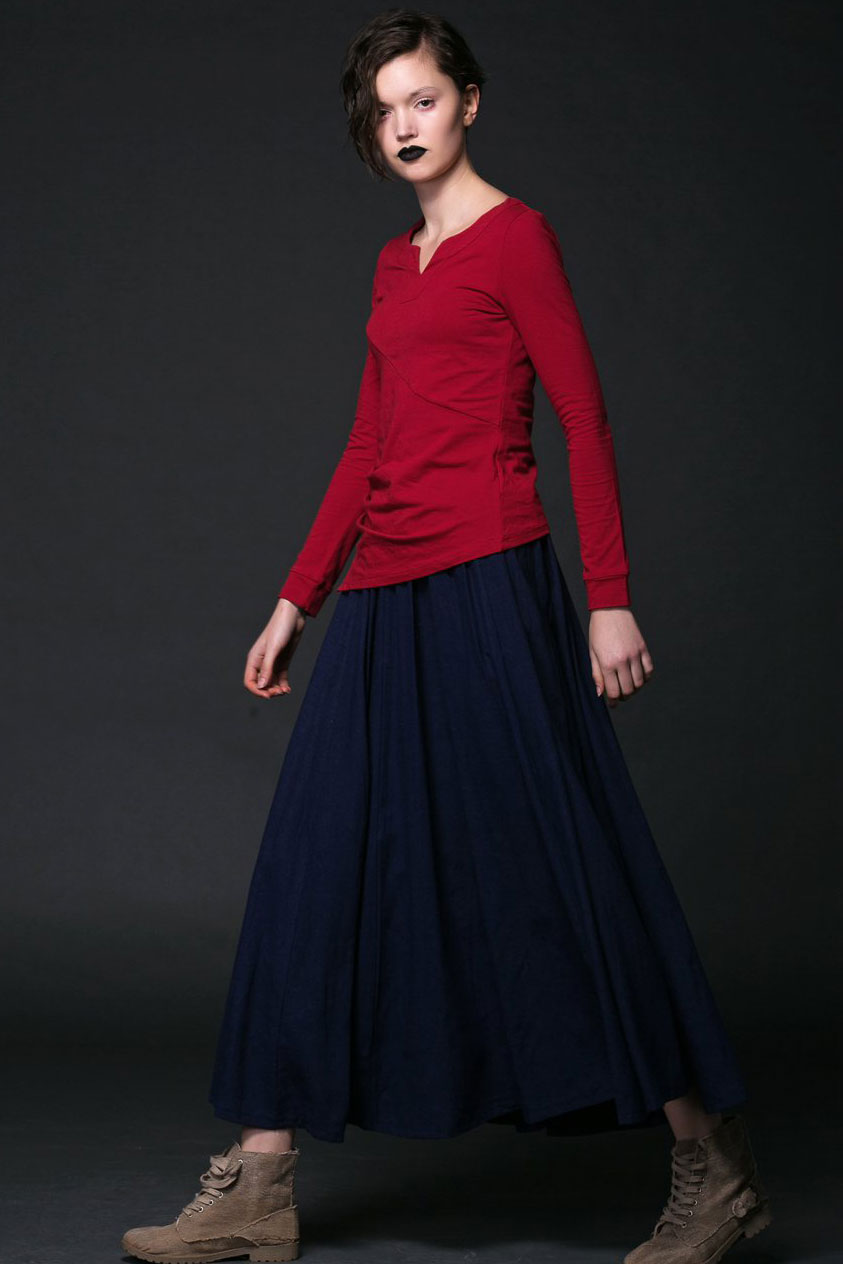 Dark blue summer linen skirt C508 #YY03962