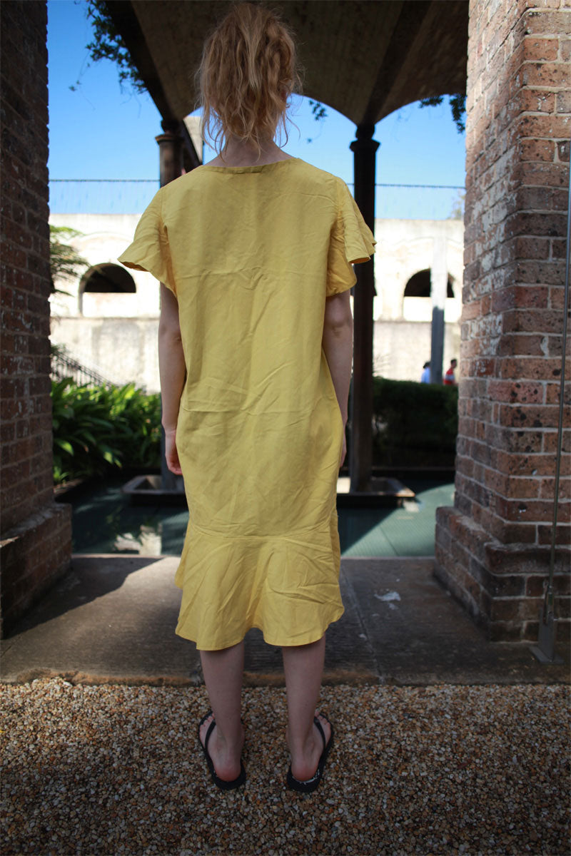 Yellow Short sleeve cotton linen dress C1490,Size US2 # YY04265