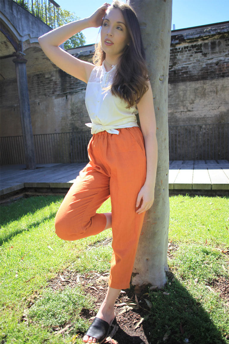 orange elastic waistband cropped linen pants C1441 XS#YY03952
