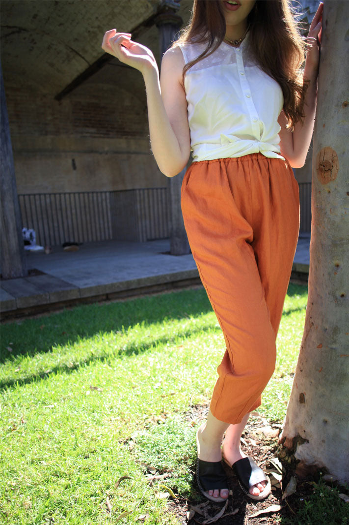 orange elastic waistband cropped linen pants C1441 XS#YY03952