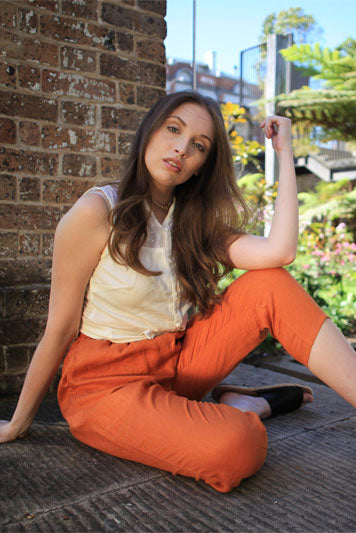 orange elastic waistband cropped linen pants C1441 XS#YY03952