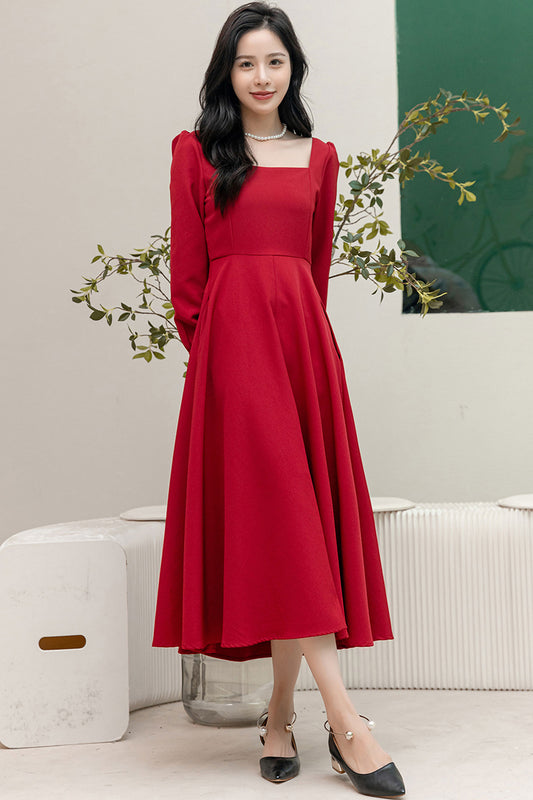 Red Vintage Midi Dress - Square Neck with Bubble Sleeves C3189