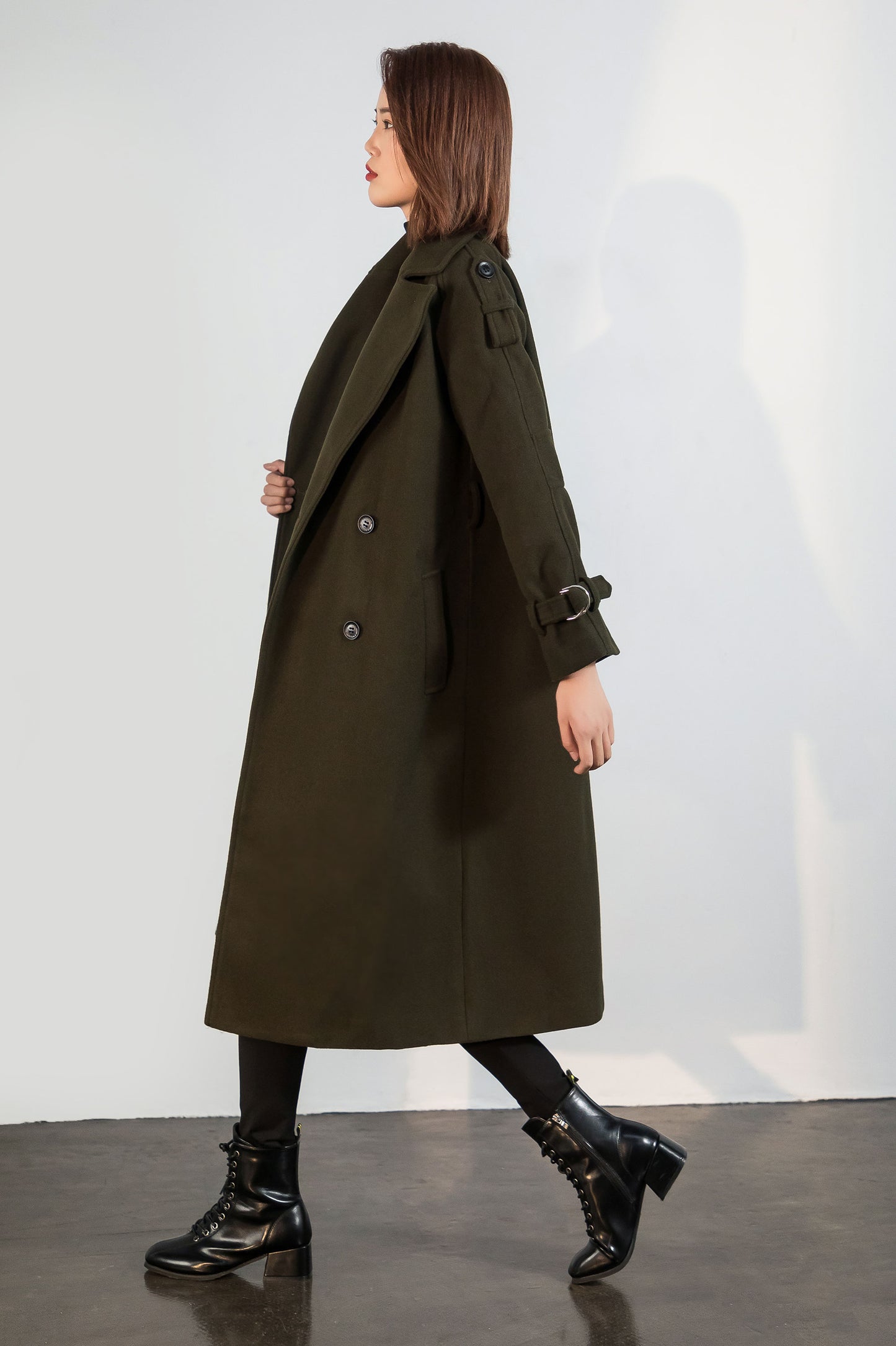 Army green wool maxi coat with self tie belt C1762