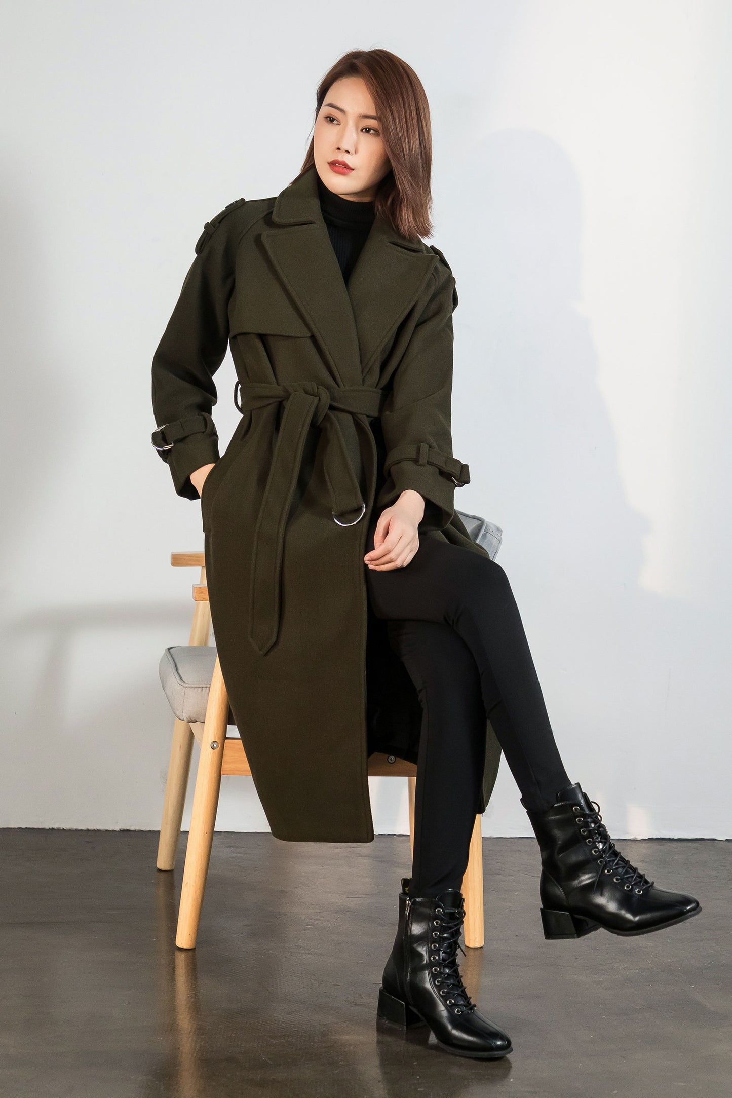 Army green wool maxi coat with self tie belt C1762