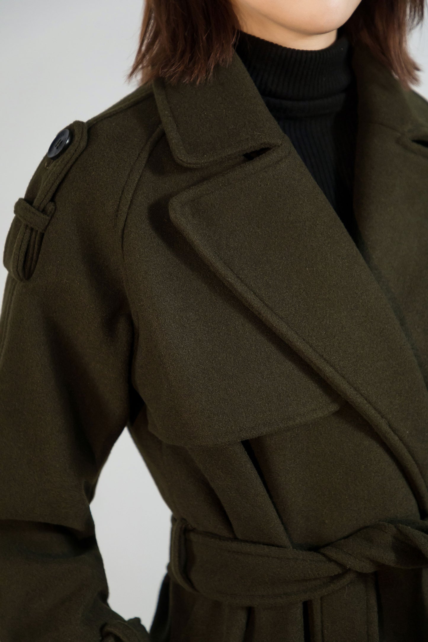 Army green wool maxi coat with self tie belt C1762