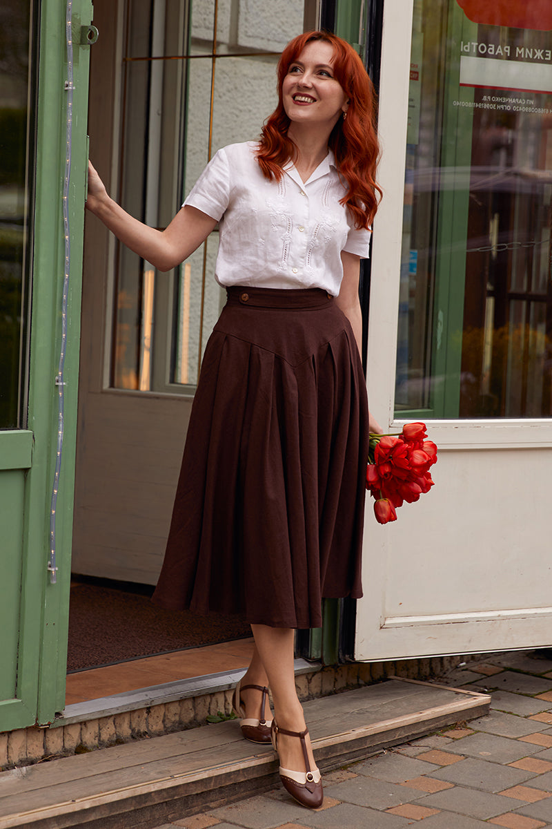 Vintage 50s Brown Linen Midi Skirt C2851