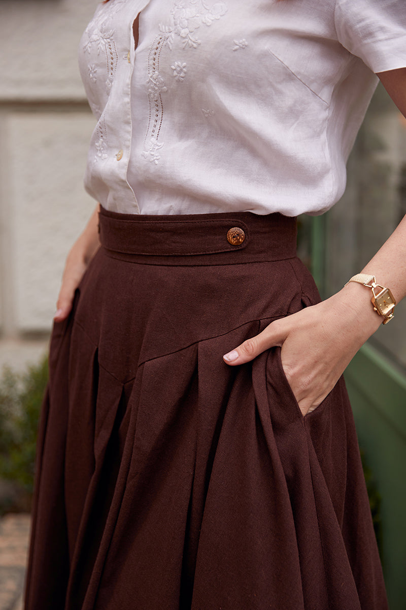 Vintage 50s Brown Linen Midi Skirt C2851
