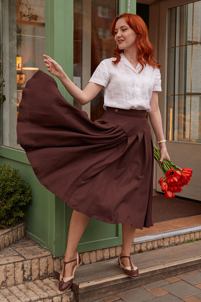 Vintage 50s Brown Linen Midi Skirt C2851