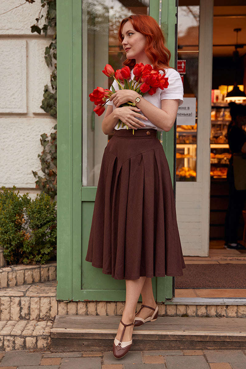 Vintage 50s Brown Linen Midi Skirt C2851