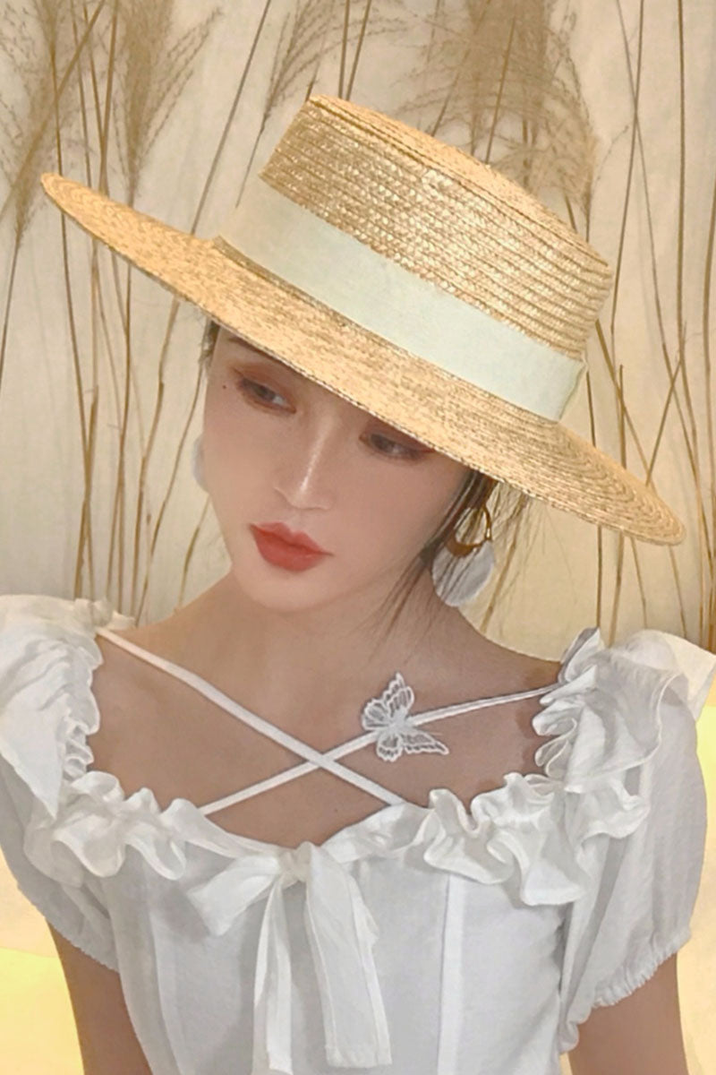Flat Top Hat Women's Summer Straw Hat Woven Beach Hat C2906