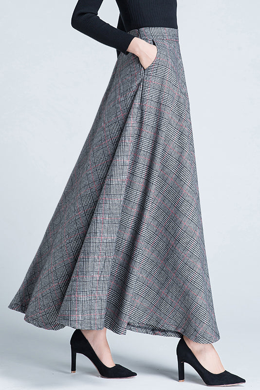 High Waist Plaid Wool Skirt C3126