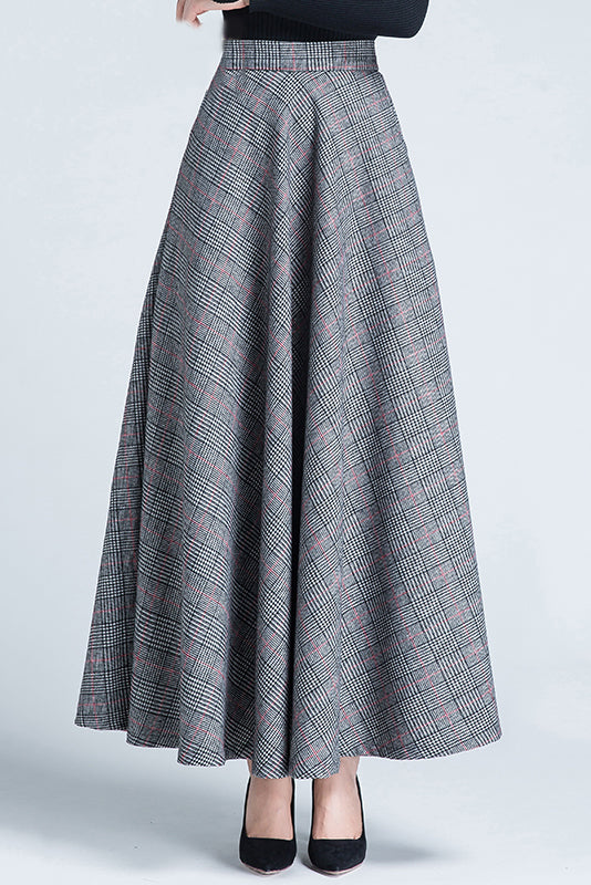 High Waist Plaid Wool Skirt C3126