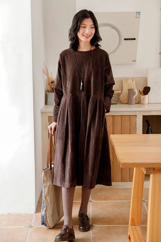 Brown Cotton Long Dress - Soft Washed Fabric with Side Pockets C2451