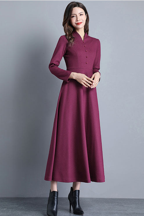 Peter Pan Collar wool maxi Dress C2532