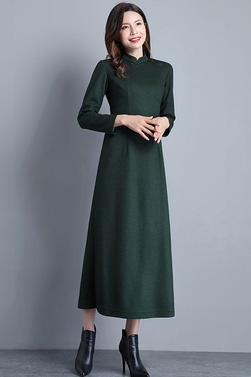 Green Wool Midi Dress - Vintage Inspired A-Line Silhouette C2531