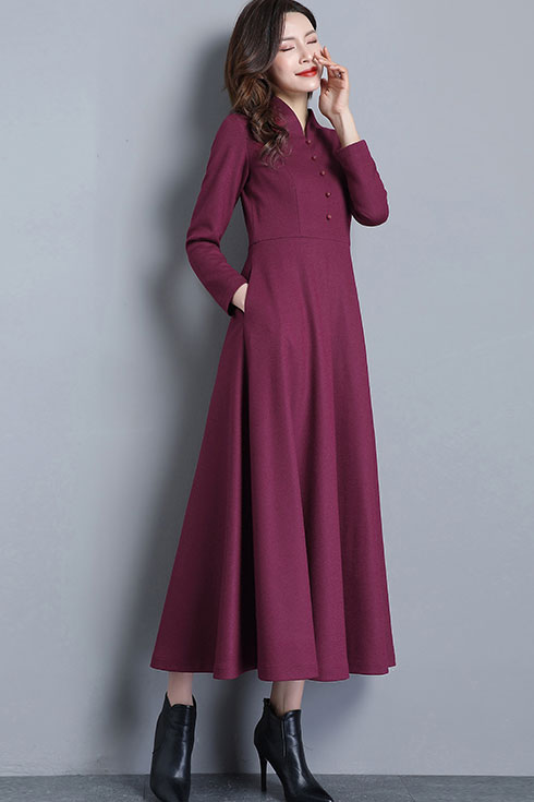 Wine Wool Maxi Dress - A-Line Silhouette with Peter Pan Collar C2532