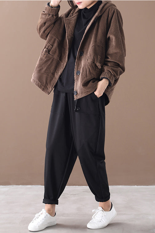 Coffee Hooded Winter Warm Corduroy Coats C2983