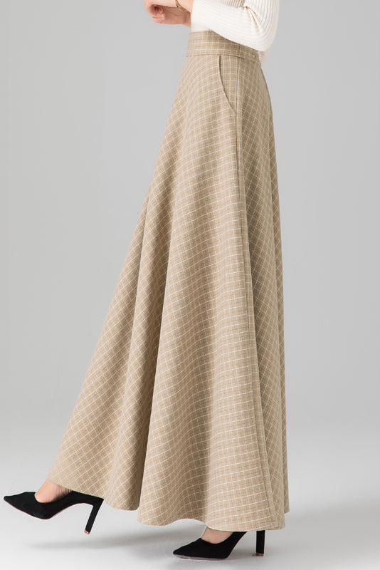 Khaki Plaid Maxi Wool Skirt C3127