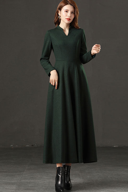 Dark Green Wool A-Line Dress - Mid-Calf Length with Pockets C2534