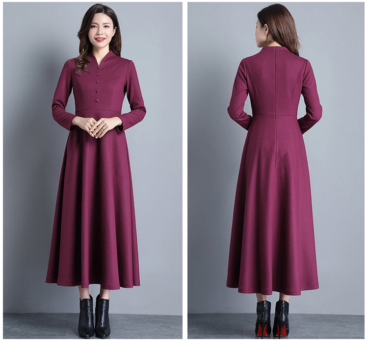 Peter Pan Collar wool maxi Dress C2532