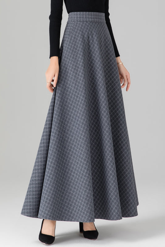 Long Simple Plaid Wool Skirt C3119