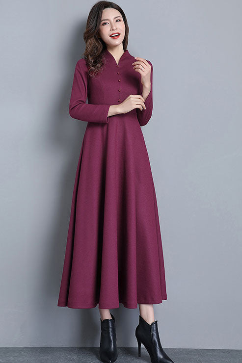 Peter Pan Collar wool maxi Dress C2532