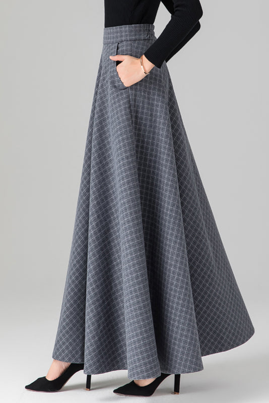 Long Simple Plaid Wool Skirt C3119