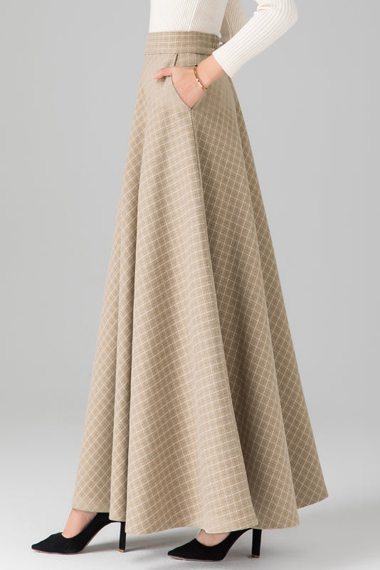 Khaki Plaid Maxi Wool Skirt C3127