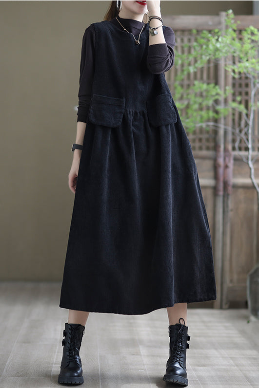 Women Autumn Sleeveless Corduroy Dress C2985